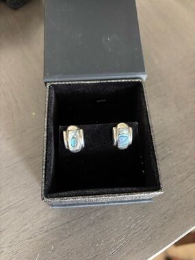Silver Huggie Earrings with Iridescent Blue Abalone Inlay